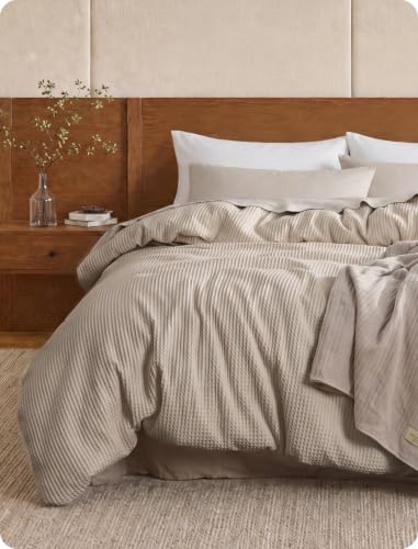 Image of Bedsure PureWoven Cotton Waffle Weave Duvet Cover, Khaki, Duvet Cover Only
