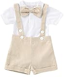 ROSEBEAR Conjunto de Ropa para Bebés Recién Nacido Niño de Manga Corta Trajes de caballero Bowtie Camiseta de Pelele Tirantes Pantalones Cortos Beige 3-6 meses