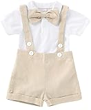 ROSEBEAR Conjunto de Ropa para Bebés Recién Nacido Niño de Manga Corta Trajes de caballero Bowtie Camiseta de Pelele Tirantes Pantalones Cortos Beige 3-6 meses