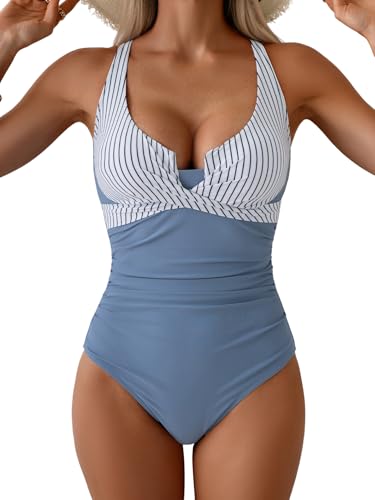 Image of B2prity Women's Underwire One Piece Swimsuit Tummy Control Ruched Bathing Suit Criss Cross V Neck Swimwear