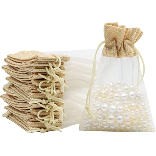 VEGCOO Sachet Organza Jute, 24 Pièces 10×15 cm Sachets en Organza Cadeau avec Cordon de Serrage Réutilisable pour Mariage, Bijoux, Bonbons, Festivals