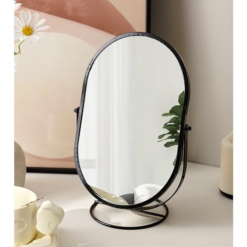 BZCKBZ Tisch-Schminkspiegel Aus Schmiedeeisen, Um 36o° Drehbarer Hochauflösender Schminkspiegel, Ovaler Tisch-Stehspiegel(Black)