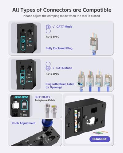 VCELINK RJ45 Crimp Tool Kit, Ethernet Wire Cutter Crimper, All-in-One Network Tool Kit Bag with Network Lan Cable Tester, 50PCS Cat6 Pass Through Connectors, 50PCS Boots, Mini Cable Stripper