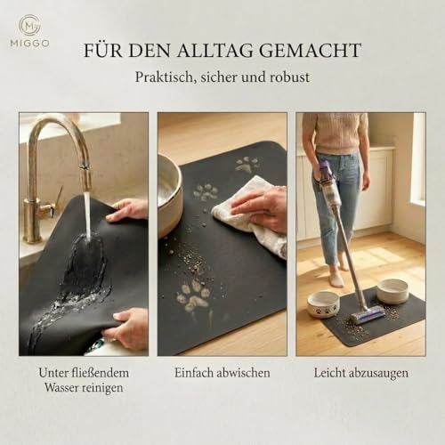 Miggo® Premium Napfunterlage [saugfähig & rutschfest] Katzen Zubehör | Napfunterlage Hund Katze Katzenmatte Futtermatte Katzen | Schuhmatte Hundenapf Unterlage für Futter, Wasser, Brunnen | Kunstleder