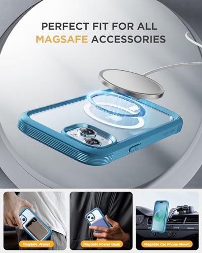 Image of Miracase Glass Series for iPhone 15 Case [Compatible with MagSafe] Full-Body Magnetic Bumper Case with Built-in 9H Tempered Glass Anti-Fingerprint Screen Protector + Camera Lens Protector, Sea Blue