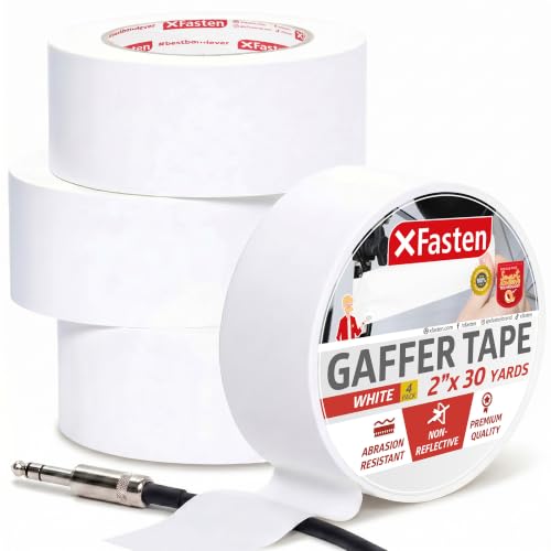 XFasten White Gaffers Tape 2 Inch x 30 Yards, Residue-Free Strong Adhesion (4-Pack 360-feet Total...