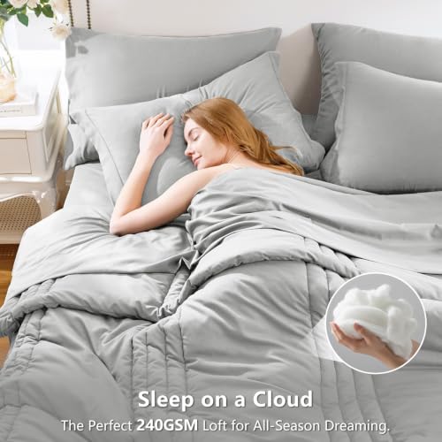 Image of CozyLux Queen Comforter Set Light Grey - 7 Pieces Bed in a Bag, Modern Vertical Quilted Room Decor, Soft All-Season Bedding Gift with Comforter, Sheets, Pillowcases & Shams