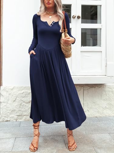 Image of Mieazom Long Sleeves Maxi Dress for Women A Line 2025 V Neck Casual Button Boho Tshirt Long Dress with Pockets