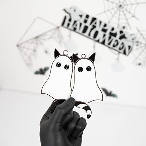 Halloween Cat Ghosts Stained Glass Window Hangings Ornament Suncatcher Windows Doors Room Home Decoration Black Cat Halloween Decor Spooky Goth Decor Bat (SET)