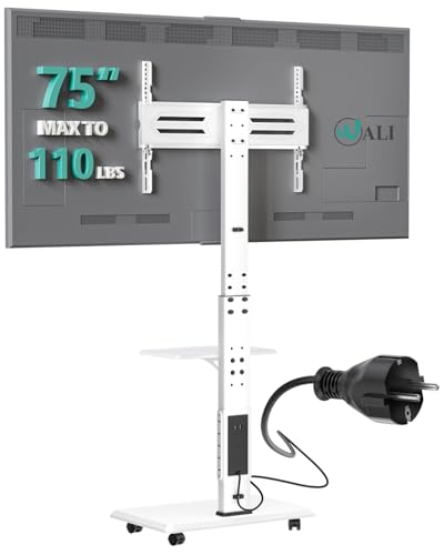 Image of WALI Rolling TV Stand with Power Outlet & AV Shelf, Mobile Tall TV Stand Mount on Wheels for 34-75 inch TV up to 110 lbs, Swivel Height Adjustable TV Cart with Wood Base for Bedroom(TVDVD-6PRW), White