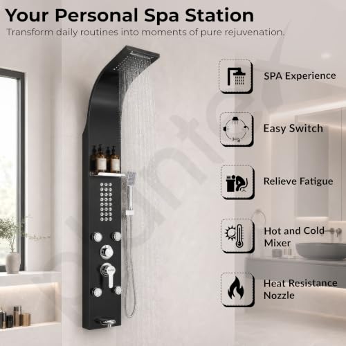 Image of Plantex Shower Panel /6 in 1 Shower System /304 Grade Stainless Steel Rainfall Showerhead with Handshower for Bathroom /Tub Spout /Body Massage Spray With Hot &cold Mixer-(1016, Black)
