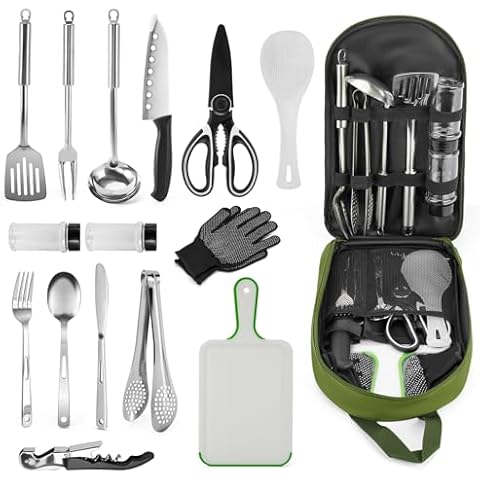 Onlyfire Portable Camping Kitchen Utensil Set, 16 Piece Cookware Kit, Outdoor Cooking and Grilling Utensil Organizer Travel Set Perfect for Travel, Picnic, RV, Camping, Hiking, BBQ, Party, CT606 Cover