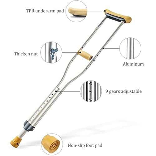 Muletas de aluminio estándar SilteD (1 par), muletas con amortiguador para las axilas con soporte para el brazo, muletas ligeras ajustables en altura para niños, jóvenes y adultos (tamaño: adulto alto
