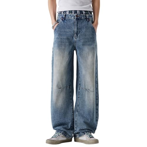 Fit Dark Blue Jeans Men Custom Pleated Effect Wide Leg Pants