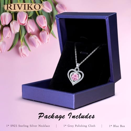 RIVIKO Heart Birthstone Pendant Necklace for Women 925 Sterling Silver Zirconia Necklaces Wedding Anniversary Birthday Mothers Day Jewelry Gifts For Her Mother Wife - Image 7