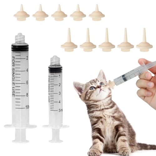 Pet Feeding Syringe with Nipple, Silicone Feeding Tools for Kitten Puppy Feeding Syringe for Newborn Cat Dog Small Animals Rabbits (5ml+10ml +10 nipples)