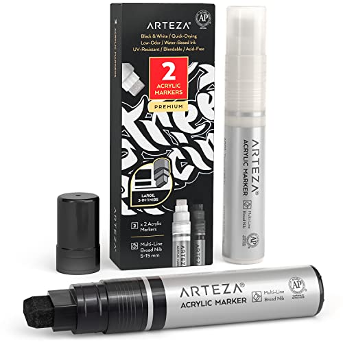 ARTEZA Feutres Indélébiles à Pointe Large, Lot de 2, Blanc et Noir, Marqueurs Peinture Acrylique, Ligne de 5-15 mm, Feutres Ésistants aux UV pour les Pierres, le Verre, Fournitures Artistiques