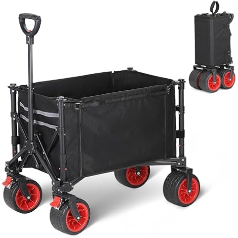 TROPOW 220LBS Collapsible Wagon with Wheels, Foldable Shopping Cart with Adjustable Handle, All Terrain Wagon with Zipper for Shopping, Garden, Beach, Black Cover