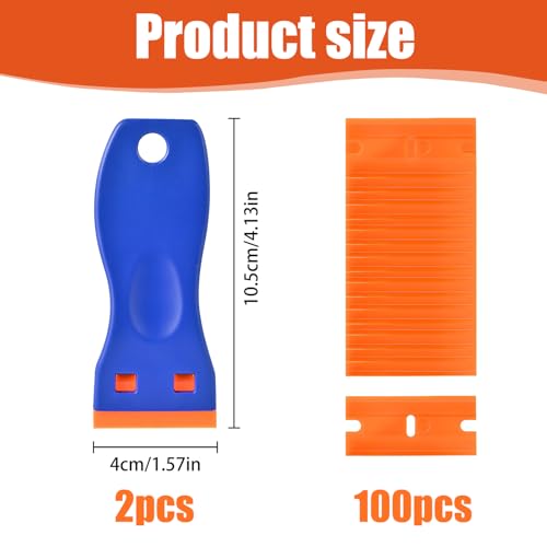 2PCS Plastic Scraper Tool, Non-Scratch Razor Scraper with 100 Plastic Blades, Multipurpose Scraper for Removing Stickers, Labels, Paint from Glass, Car, Oven - Image 3