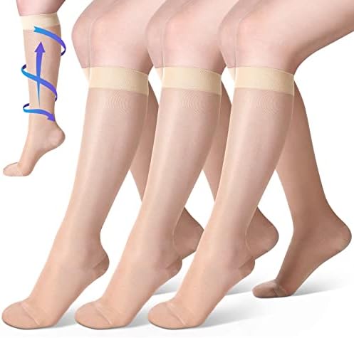 Shellwei 3 Pairs Sheer Compression Socks 20-30 Mmhg Knee High Compression Stockings Support Hose for Women