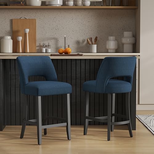 VKNOW Bar Stools Set of 2, Modern Counter Height Bar Stools, Upholstered Counter Stools with Black Wood Legs for Kitchen Island Dining Room Bar, Blue-Black Legs