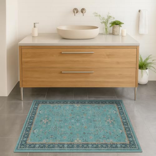 Image of 2x3 Washable Teal Rug for Entryway Indoor, Kitchen Floor Waterproof, Bathroom, Powder Room, Non Slip Low Pile Stain & Fade Resistant, Modern Turquoise Aqua Decor