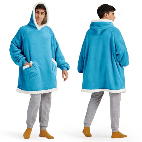 Bedsure Blanket Hoodie, Wearable Blanket for Adults & Kids as Gifts for Women Men, Birthday Gifts for Women Mom Girl Sherpa Oversized Hoodie, Aqua Blue, Oversize