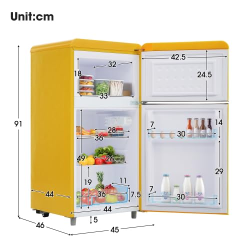 Mini Frigo Rétro 72L avec Congélateur 21L, Frigo Top Double Porte pour Chambre, Bureau et Studio, Petit Frigo Congélateur LED 46 x 45 x 91 cm, Jaune