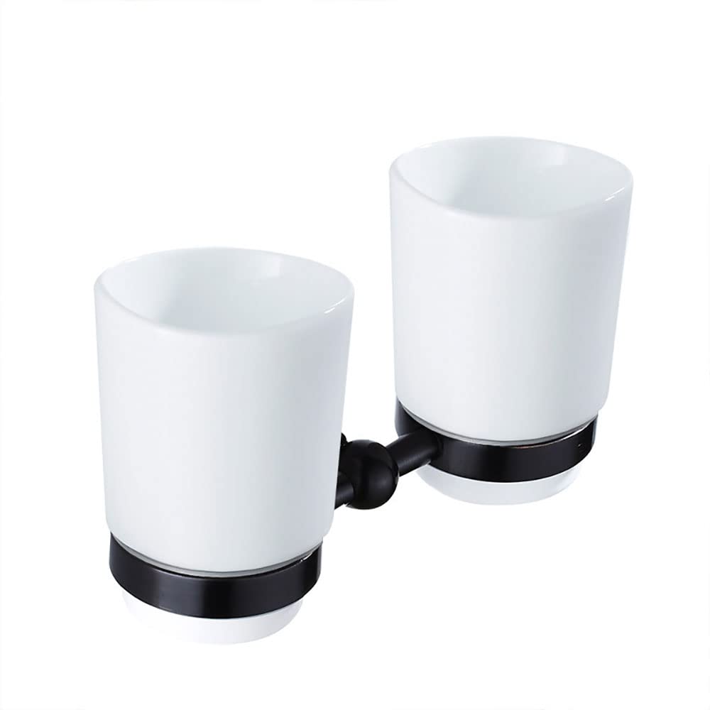 Bathroom Toothbrush Holder, Double Cup - Wall Mounted Ceramic, Brass Mouthwash with Toothpaste Shaver Organizer Storage