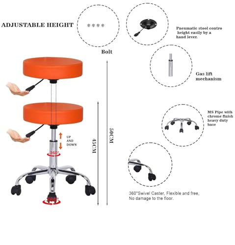 Image of NGFC Doctor Stool with Adjustable Height, Wheels and Bonded Leather Upholstery, Sitting Stools for Doctor /Kitchen /Office /Chair /Cafe /Cafeteria (Orange)
