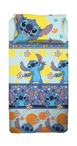 Stitch Parure de lit 1 Place, Parure de lit Simple Disney, Drap Plat, taie d'oreiller, Bleu Clair,...