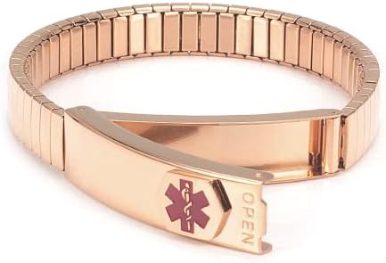 Elastic Stainless Steel Medical alert Bracelet Bangles Personalized for Men Women Health Gift (Put Details in Lift up Section, Customized Medical Card+Strips Free) (17.5 Centimetres, Rose Gold Women)