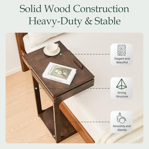 Wood Side Table for Couch - C Shaped Rolling End Table with Wheels, Wooden Modern Tv Tray Bedside Tables Nightstand for Sofa Armchair Living Room Bedroom, Black Walnut, 15.7 in x 15.7 in x 29.5 in — view 6