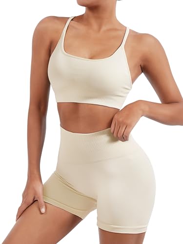 Image of SUUKSESS Women Seamless Workout Sets Strappy Sports Bra High Waist Booty Shorts Outfits