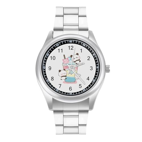 もちもちぱんだ 時計 スチールストラップ時計 ビジネスウォッチ ファッショナブルな時計ストラップ メンズストラップ時計 防水 メンズおよびレディース セイコー時計