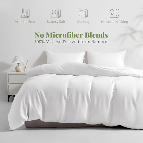 King/Cal King Duvet Cover Set, 100% Viscose Derived from Bamboo, 3 Pieces, 1 Zipper Closure Duvet Cover (106"x90") and 2 Pillowcases (20"x40") Cooling & Silky Soft (White)
