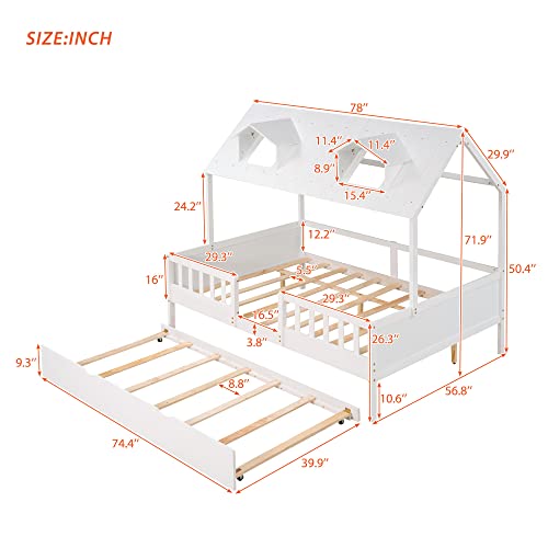 Meritline Full House Bed With Trundle, Wooden Platform Bed Frame With Roof, For Kids Teens Girls Boys - White #TOP1