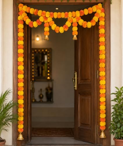 Image of iHandikart Handmade Pack of 2 Artificial Marigold Bandanwar with Bells 57 x 36 Inch for Door Decoration Multicolor Traditional Toran for Makar Sankranti, Lohri, Home Decor & Housewarming(IHK-31360-2)
