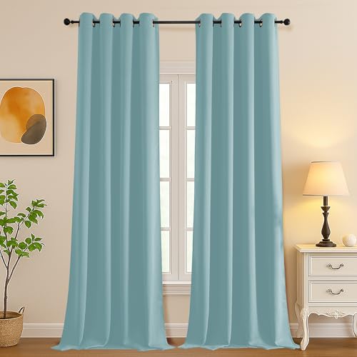 Image of Simplebrand Aqua Room Darkening Curtains for Bedroom Living Room 108 Inches Long 2 Panels Set, Thermal Insulated Curtains & Drapes, Solid Grommet Noise Reducing Window Treatment, W50 x L108 Inch