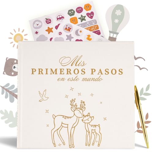 OnlyBP® Álbum Fotos Bebé con Más de 60 Páginas - Álbum de Recuerdos para Bebés Recién Nacidos - Desde el Embarazo Hasta los 5 Años - Incluye Bolígrafo y Pegatinas - Libro Recuerdos Bebé