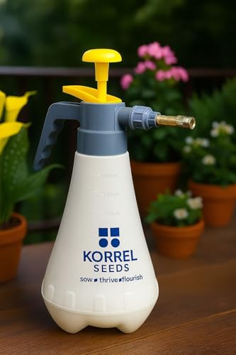 KORREL SEEDS 1 Litre Heavy-Duty Garden Pressure Sprayer, White and Red Compression Pump with Adjustable Brass Nozzle, Hand Held Mist Spray Bottle for Plants, Cleaning, Sanitising