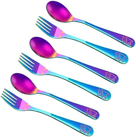6 Pieces Stainless Steel Rainbow Kids Silverware Toddler Utensils Baby Forks and Spoons, Metal Children's Safe Flatware Kids Cutlery Set for LunchBox, 3 x Child Forks, 3 x Children Spoons