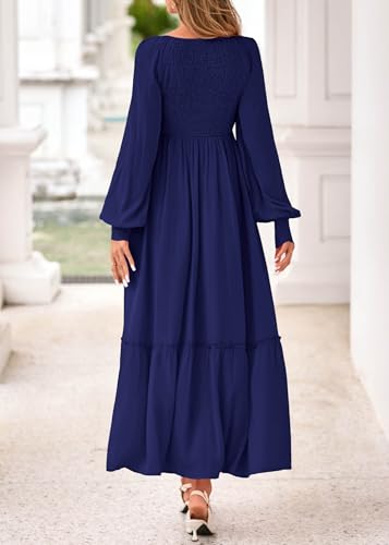 KIRUNDO Casual Fall Dresses for Women 2025 Flowy Long Sleeve Maxi Dress Smocked Empire Waist Square Neck Wedding Party2
