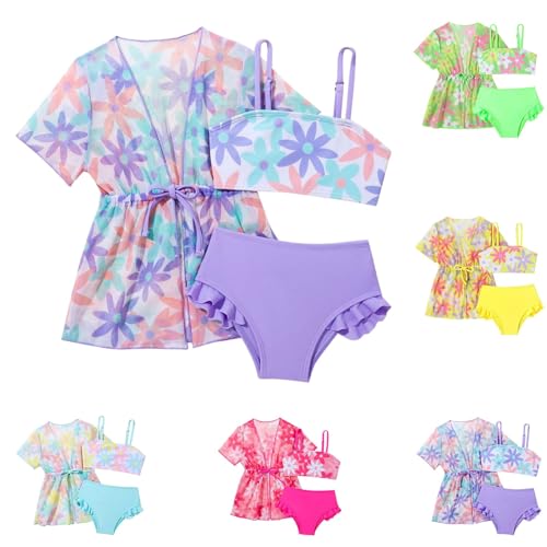 Girls Flower Bikini Set 3-Piece Spaghetti Strap Swimsuits with Kimono Cover Up | Quick Dry Bathing Suit for Teens4