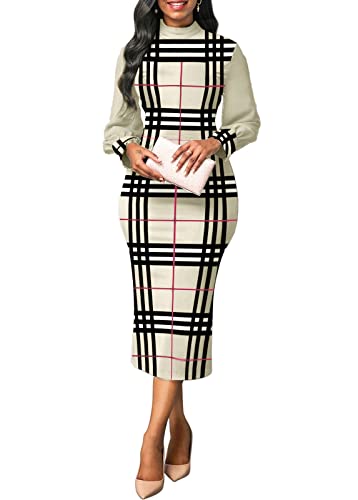 Women Sexy Plaid Print Crew Neck Dresses Elegant Bodycon Long Sleeve Stretchy Pencil Business Suiting Dress A-Grey #TOP4