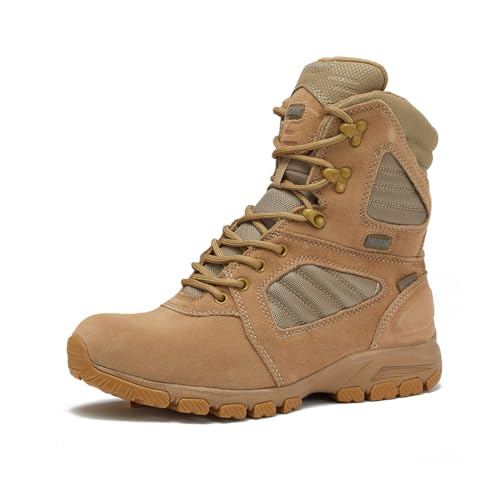MAGNUM Storm 8 Inch Leather Waterproof Tactical Boots for Men, Military Mens Combat Boots or Work Boots with Side Zipper - Tan, 9 Medium