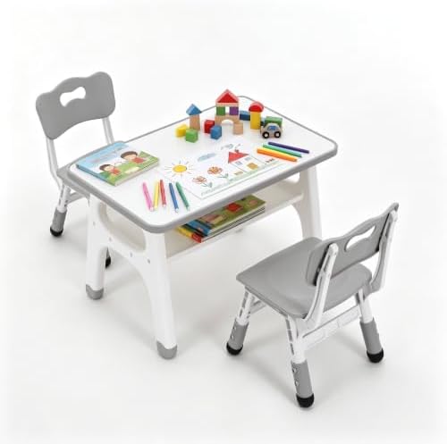 Clevich Kindertisch mit 2 Stühlen, höhenverstellbarer Kinder Schreibtisch Set, Multifunktionaler Spieltisch für Kinderzimmer, 70 * 50cm Tischplatte(Grau)