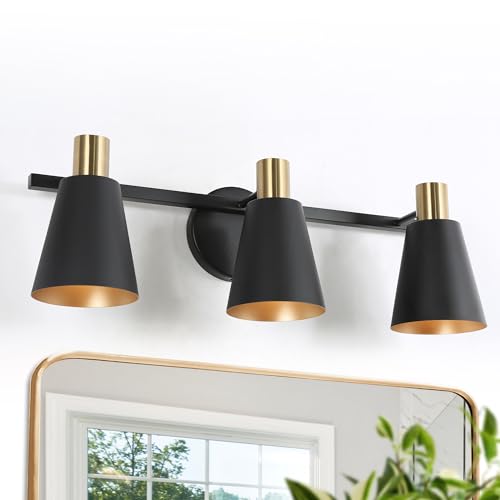 Image of KSANA Black Bathroom Light Fixtures, 5-Piece All-in-One Bathroom Set Modern Farmhouse 3 Light Vanity Lights, Towel Bar, Towel Ring, Robe Hook, Toilet Paper Holder