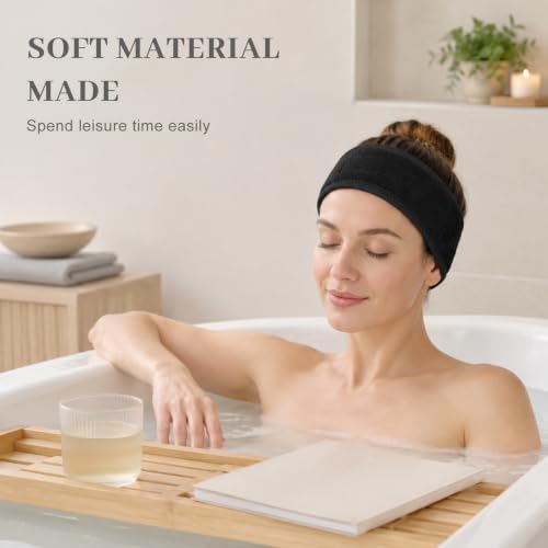 Image of Whaline 3Pcs Spa Facial Headband Make Up Wrap Head Terry Cloth Headband Adjustable Washable Towel for Face Washing Shower Skincare Facial Treatment Sport Fits Makeup (White, Black, Gray)