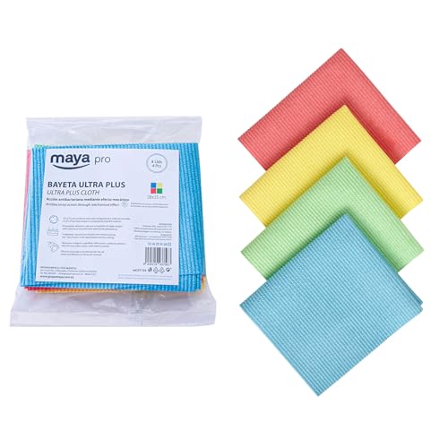Maya Bayeta Ultra Plus. Especial para Cristales y Acero Inoxidable. Máxima Absorción sin Dejar Marcas. Poder Antical y Antibacterias. Pack de 4 Unidades (Azul, Rojo, Amarillo y Verde)